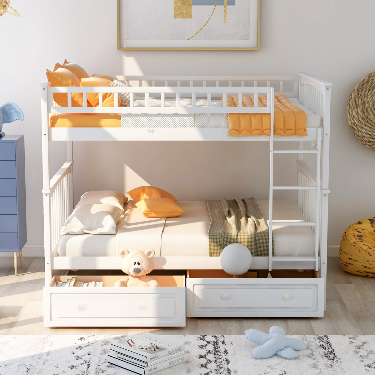 Full over Full Bunk Bed with Drawers Convertible Beds White