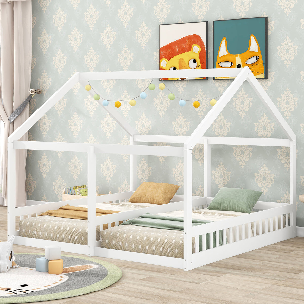 Twin Size House Platform Beds Two Shared Beds White
