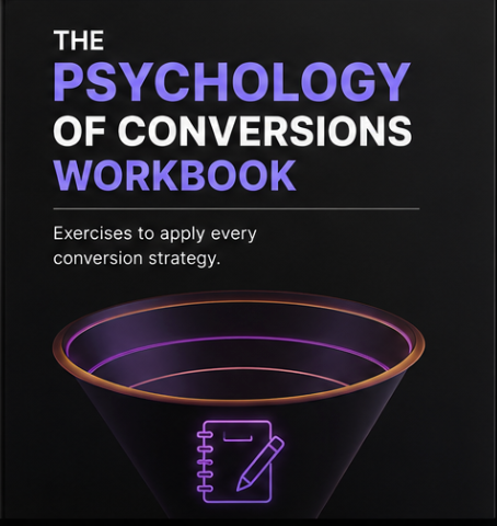 The Psychology of Conversions Workbook with funnel graphic and notebook icon for marketing strategy exercises