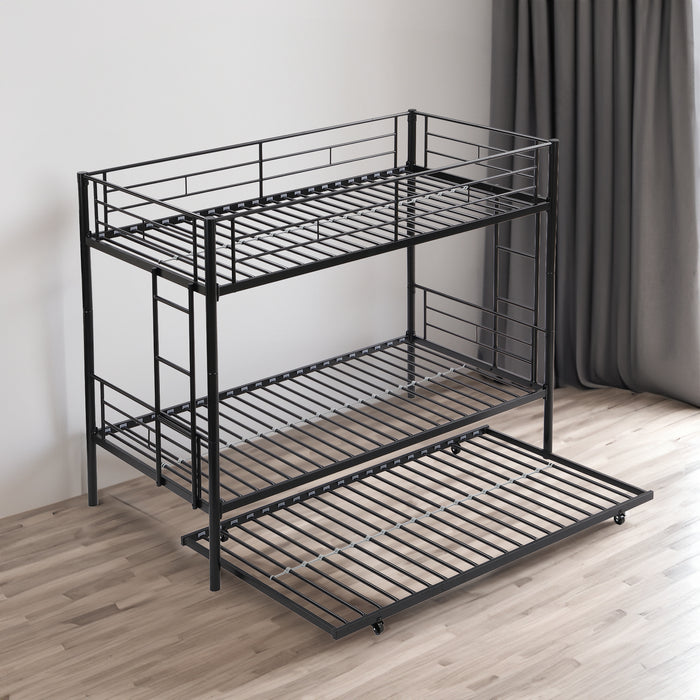 Twin bunk bed frame with trailer, metal bunk bed with sturdy guardrail and side ladder, can be divided into two beds, black