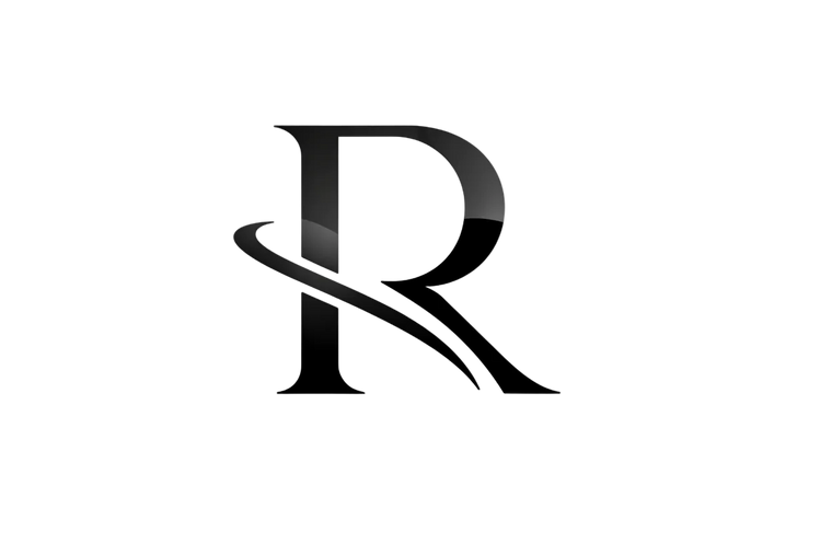 Stylized black letter R logo with sleek swoosh design on white background