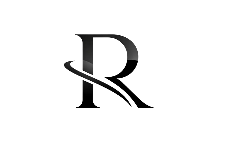 Stylized black letter R logo with sleek swoosh design on white background