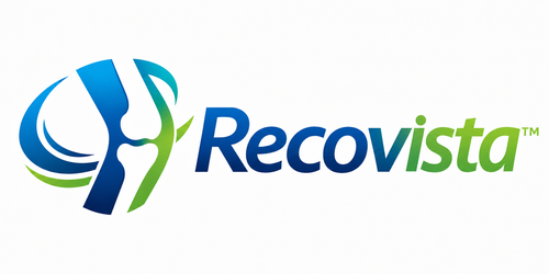 Recovista logo with blue and green design on a white background