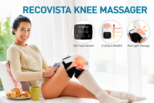 Woman using a Recovista knee massager with product features displayed.