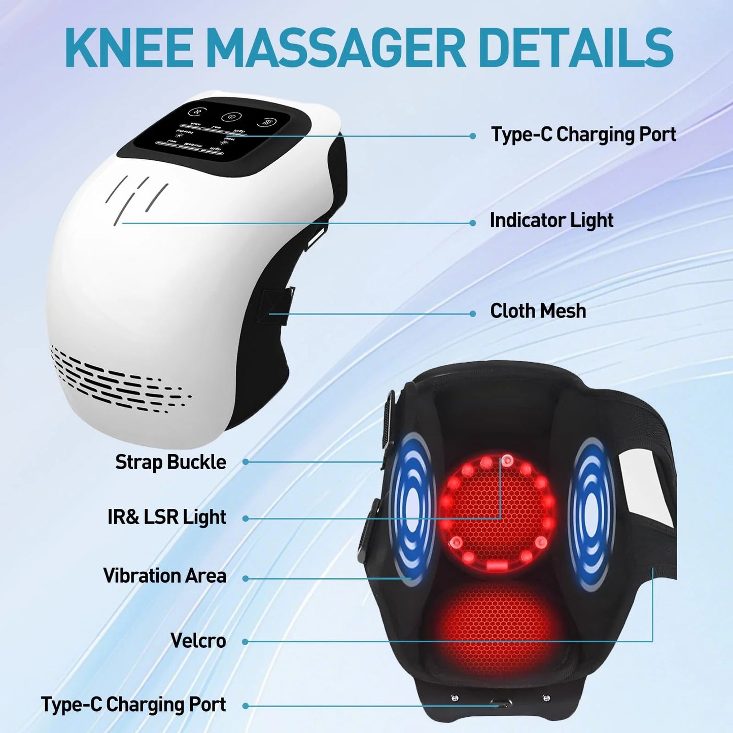 Knee massager with labeled parts on a blue background