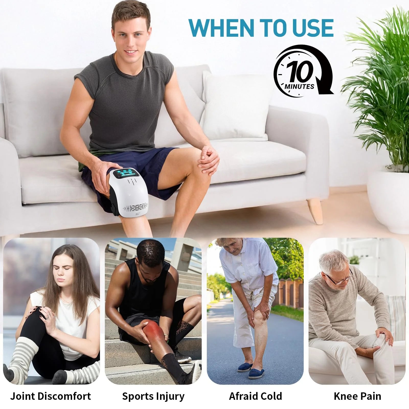 Person using a knee brace with text on how to use it, featuring images of different scenarios.
