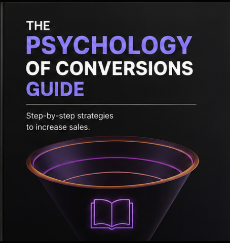 The Psychology of Conversions Guide with step-by-step strategies to increase sales, featuring a neon funnel and book icon.