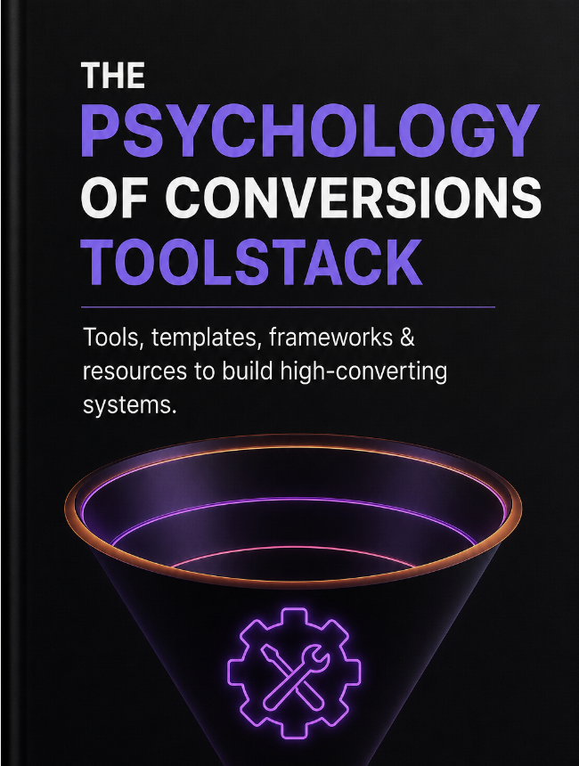 The Psychology of Conversions Toolstack — tools, templates, frameworks for high-converting systems with neon funnel graphic