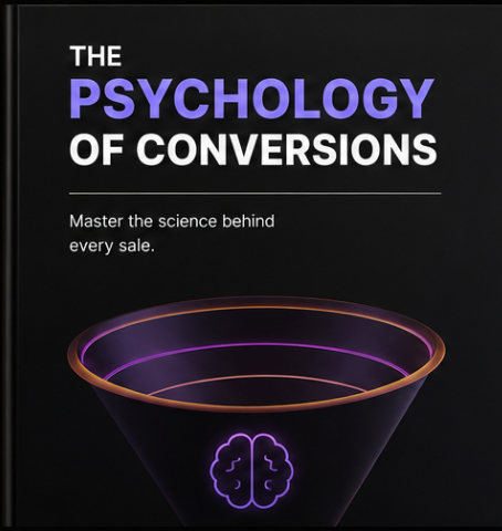 The Psychology of Conversions book cover with brain icon in funnel, mastering sales science for marketers